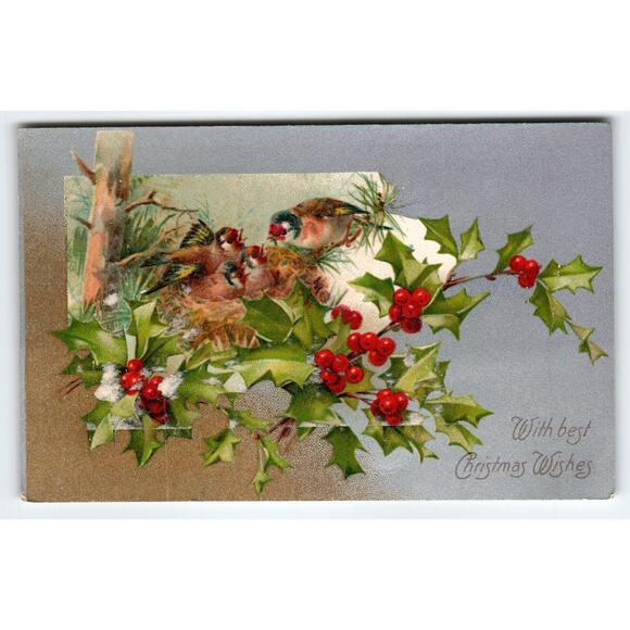 Vintage Christmas Postcard with Birds and Holly Berries, Early 1900s - Picture 1 of 2